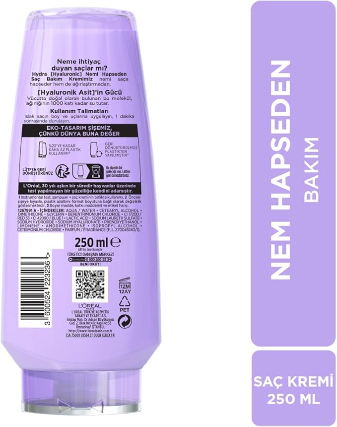 L'Oreal Paris Elseve Hydra [Hyaluronic] Nemi Hapseden Saç Bakım Kremi 250ml