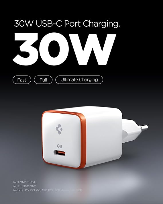 Spigen 30W USB-C Ultra Mini Hızlı Şarj Aleti PPS Desteği/Isı Düşürücü GaN Destekli Akım Korumalı Güç Adaptörü iPhone & Android & iPad & MacBook Type-C White - ACH08449