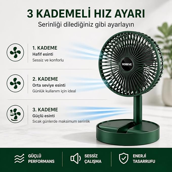 ROBEVE Masaüstü Şarjlı Vantilatör Katlanabilir Taşınabilir Fan – 3 Kademeli Hız, USB Şarjlı, Uzun Pil Ömrü, Sessiz Çalışma, Ofis Ev Seyahat İçin Mini Fan - Taşınabilir Vantilatör