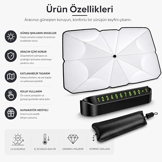 Orret Home Şemsiye Şeklinde Katlanabilir Oto Güneşlik ve Oto Numaratör Seti – Araç Güneşliği, Otomobil Ön Cam Güneşlik, Araba Güneşliği, Numaratör Hediyeli Güneş Koruyucu (140x79 cm)