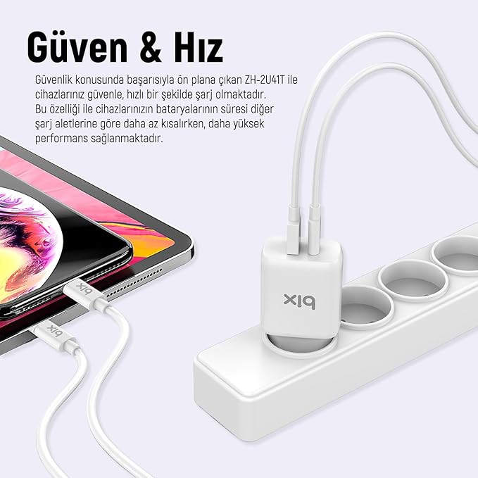 Bix ZH-2U41T 25W PD 3.0 Type-C & USB-A Çift Bağlantı Noktalı Hızlı Şarj Adaptörü Siyah, Huawei, iPhone 15/14/13/12/Pro Max, iPad Air/Pro ve Daha Fazlası ile Uyumlu