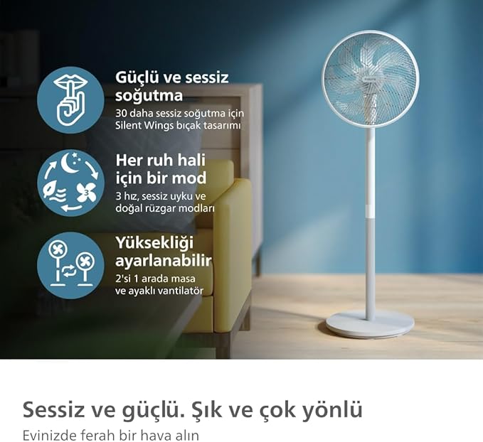 PHILIPS SilentWings teknolojisi ile güçlü ve süper sessiz ayaklı vantilatör. 19 dB. 2'si 1 arada masa ve ayaklı vantilatör. Eğim ve salınım ayarlanabilir. 12 saatlik zamanlayıcı. Beyaz. (CX2550/00)