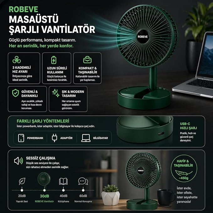 ROBEVE Masaüstü Şarjlı Vantilatör Katlanabilir Taşınabilir Fan – 3 Kademeli Hız, USB Şarjlı, Uzun Pil Ömrü, Sessiz Çalışma, Ofis Ev Seyahat İçin Mini Fan - Taşınabilir Vantilatör