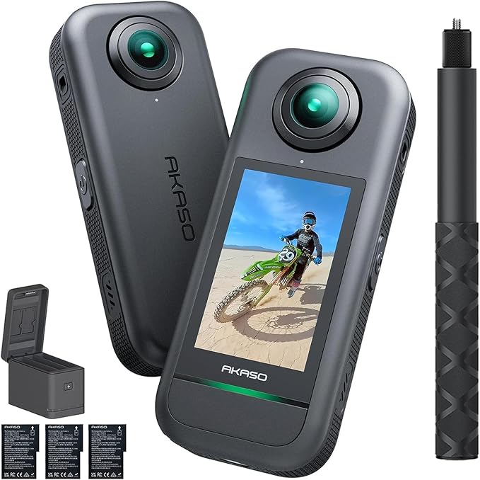 AKASO 360 Hava Koşullarına Dayanıklı 360 ° Aksiyon Kamerası Oluşturucu Combo - 5.7K 360 Video, 1/2 "48MP Sensörler, 72MP 360 Fotoğraf, 360-SuperSmooth, Dokunmatik Ekran, Görünmez Selfie Çubuğu, 360 °