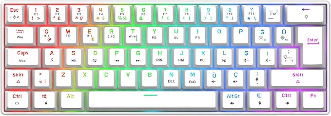 Gravion Kyra MK61 RGB Mekanik Gaming Oyuncu Klavyesi,%60 Kompakt, Bluetooth & 2.4G Kablosuz + Kablolu, Huano Red Switch, Türkçe Q,Beyaz
