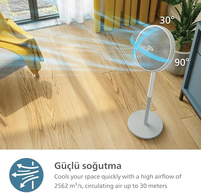 PHILIPS SilentWings teknolojisi ile güçlü ve süper sessiz ayaklı vantilatör. 19 dB. 2'si 1 arada masa ve ayaklı vantilatör. Eğim ve salınım ayarlanabilir. 12 saatlik zamanlayıcı. Beyaz. (CX2550/00)